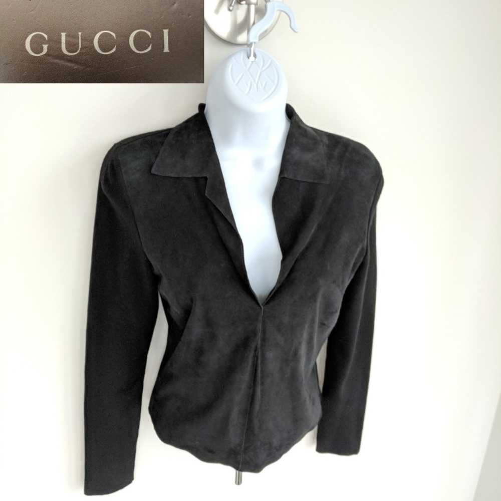 GUCCI Black SUEDE & cashmere v-neck knit top